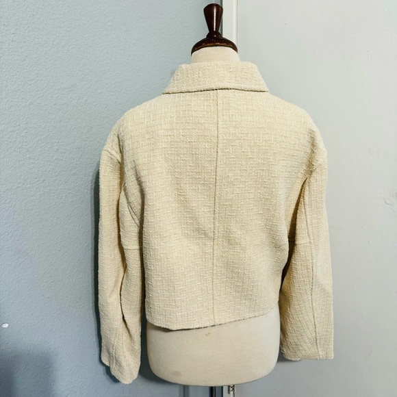Zara Women Bloggers Favorite Ecru Textured Weave Bomber Collared Zip Jacket Sz M - Picture 9 of 17